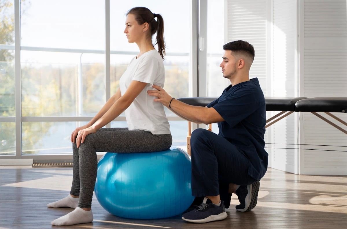 Chiropractor assessing back pain of a patient while she sits on yoga ball