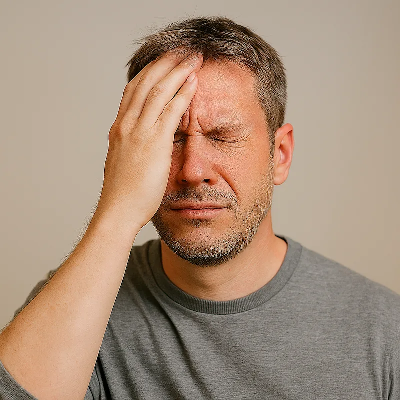Male holding his forehead in pain from headache