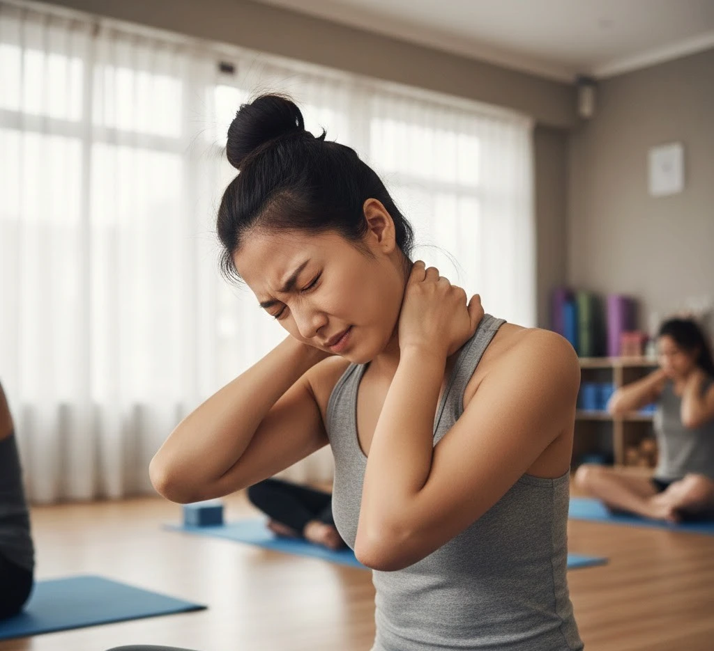 Asian woman holding her neck in pain while doing yoga