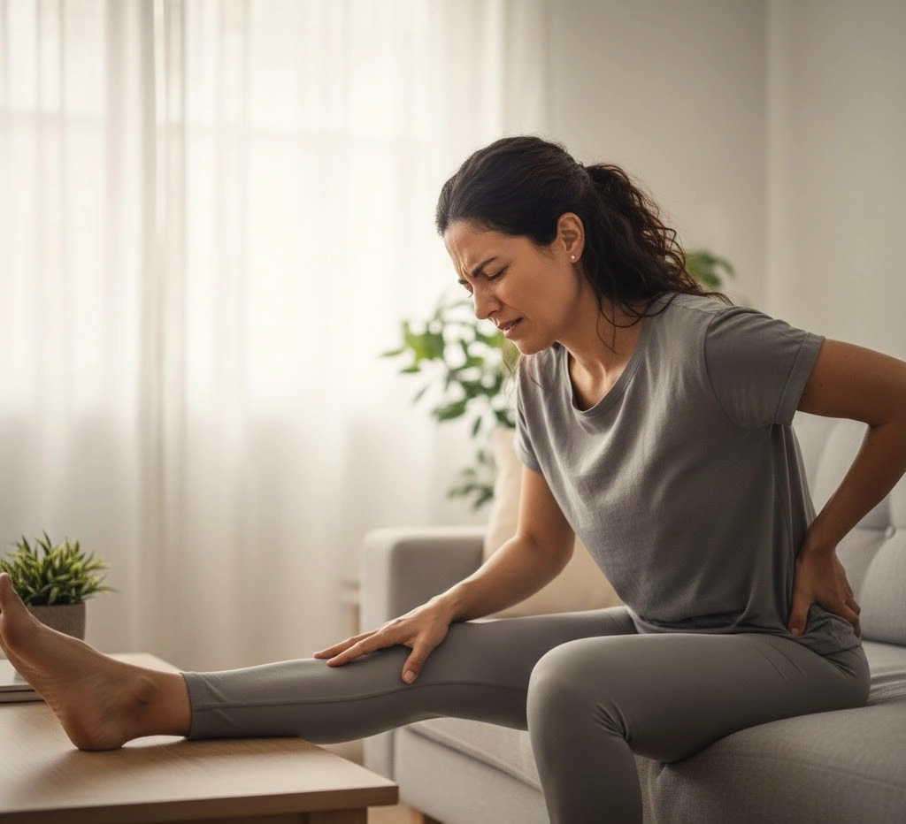 Female sitting on couch holding low back in pain with one leg on table for stretching relief