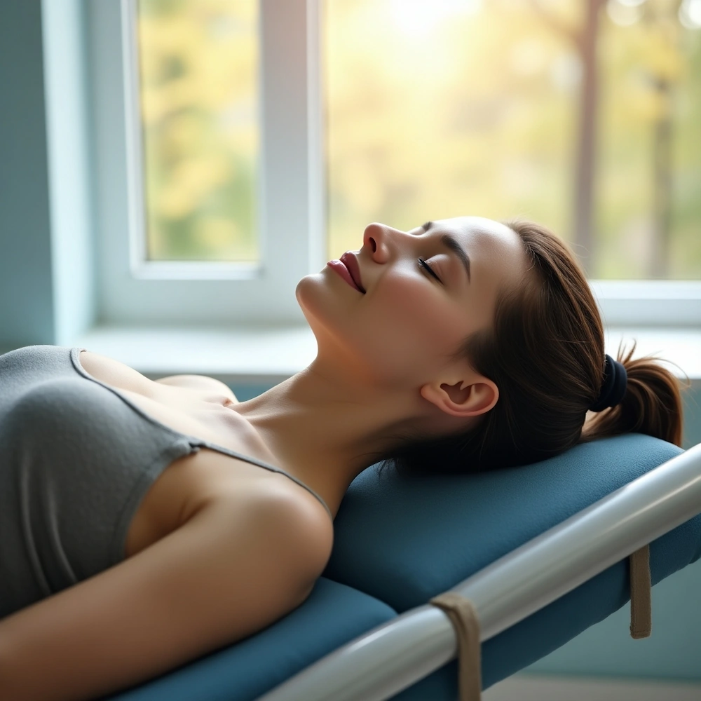 Female lying on spinal decompression machine looking relaxed