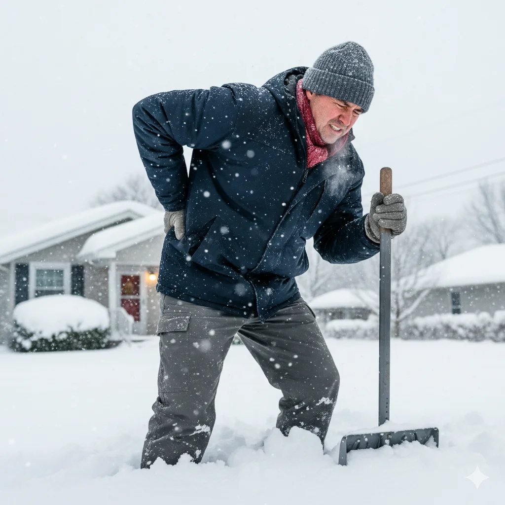 Man in pain from shoveling snow