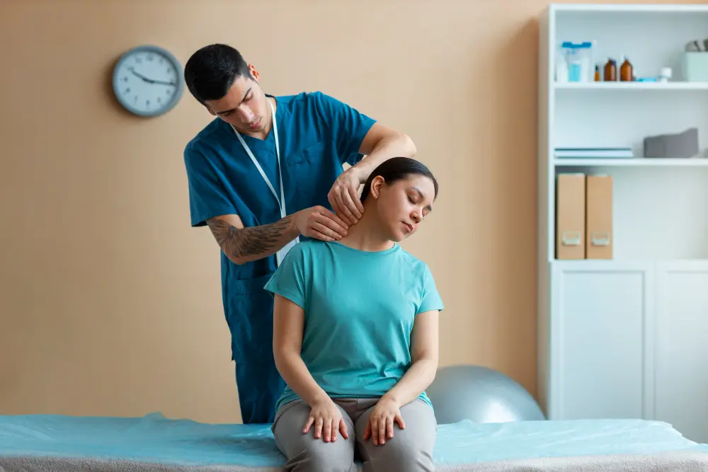 Chiropractor performing seated neck adjustment during treatment session in Crawfordsville clinic