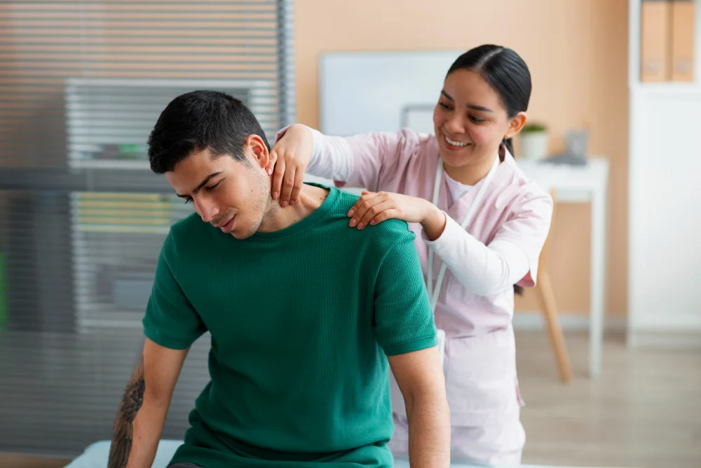 Female chiropractor performing neck and shoulder adjustment on male patient