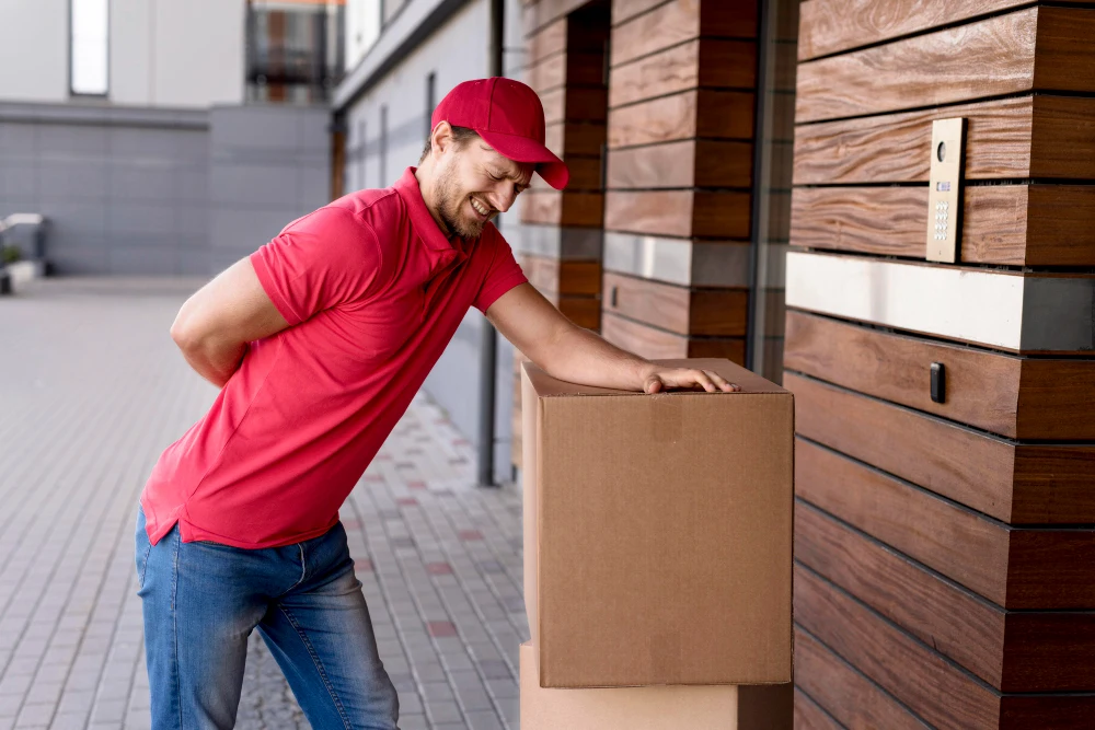 Man lifting heavy box with poor posture causing back strain
