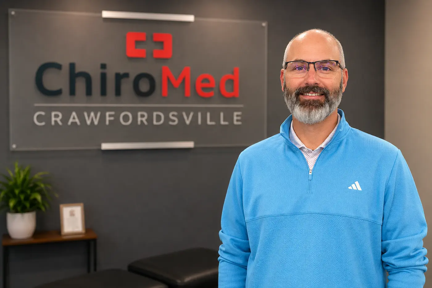 A smiling man with a gray beard and glasses stands in front of a ChiroMed Crawfordsville sign.