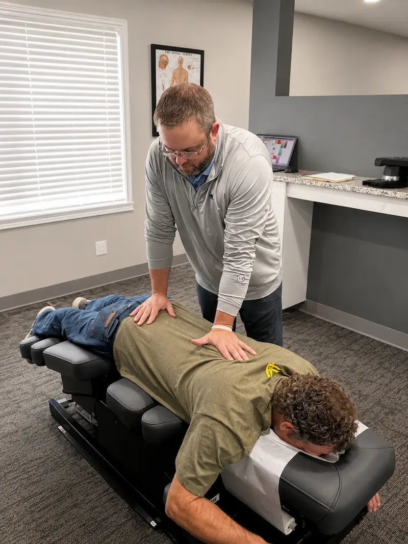A chiropractor adjusts a patient's lower back on a chiropractic table in a clinic room.