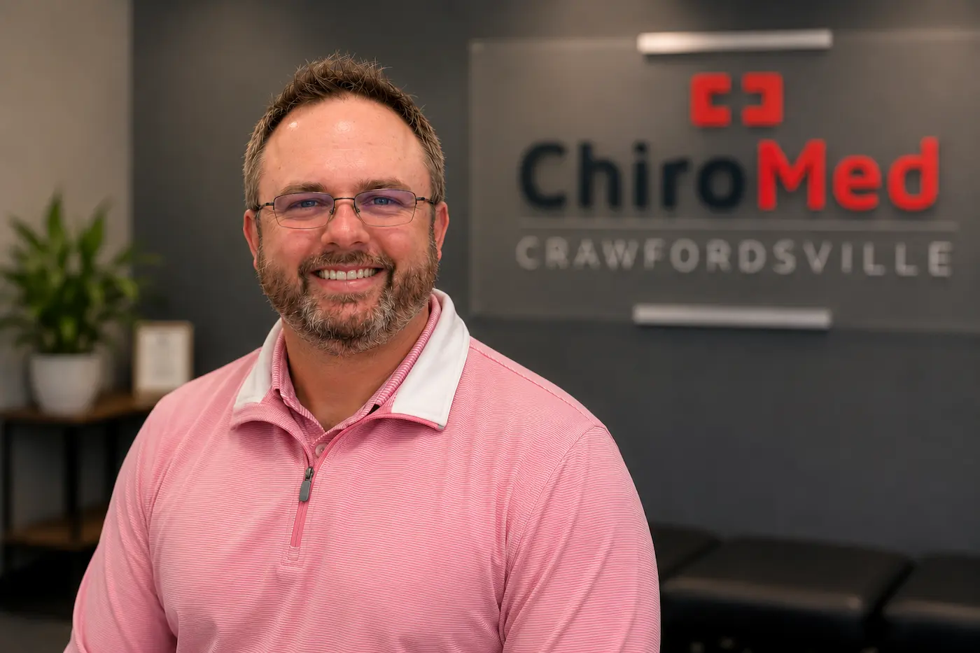 A smiling man with a beard and glasses in a pink shirt, standing in front of a ChiroMed Crawfordsville sign.