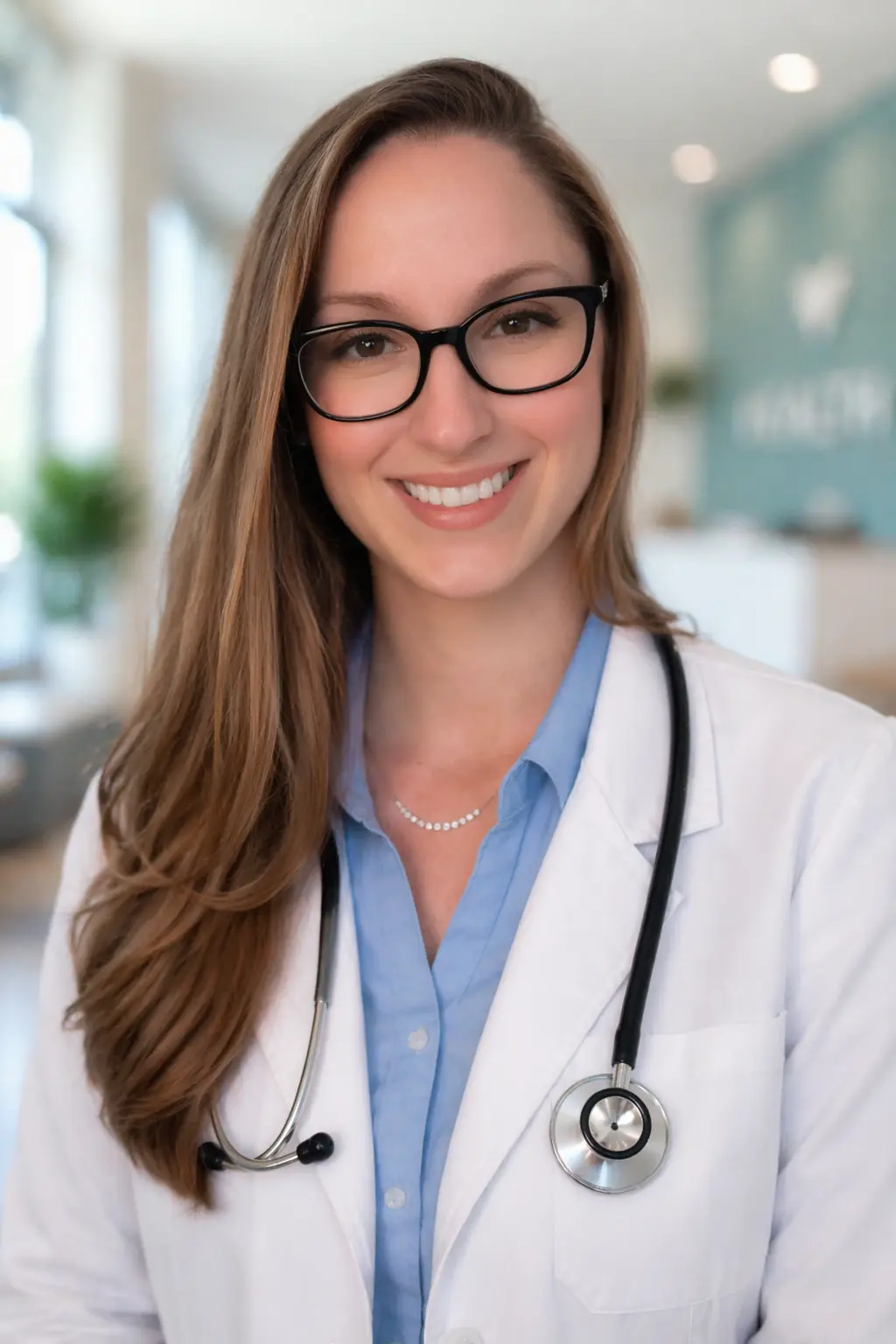 A smiling woman with long brown hair and glasses, wearing a white lab coat and stethoscope.