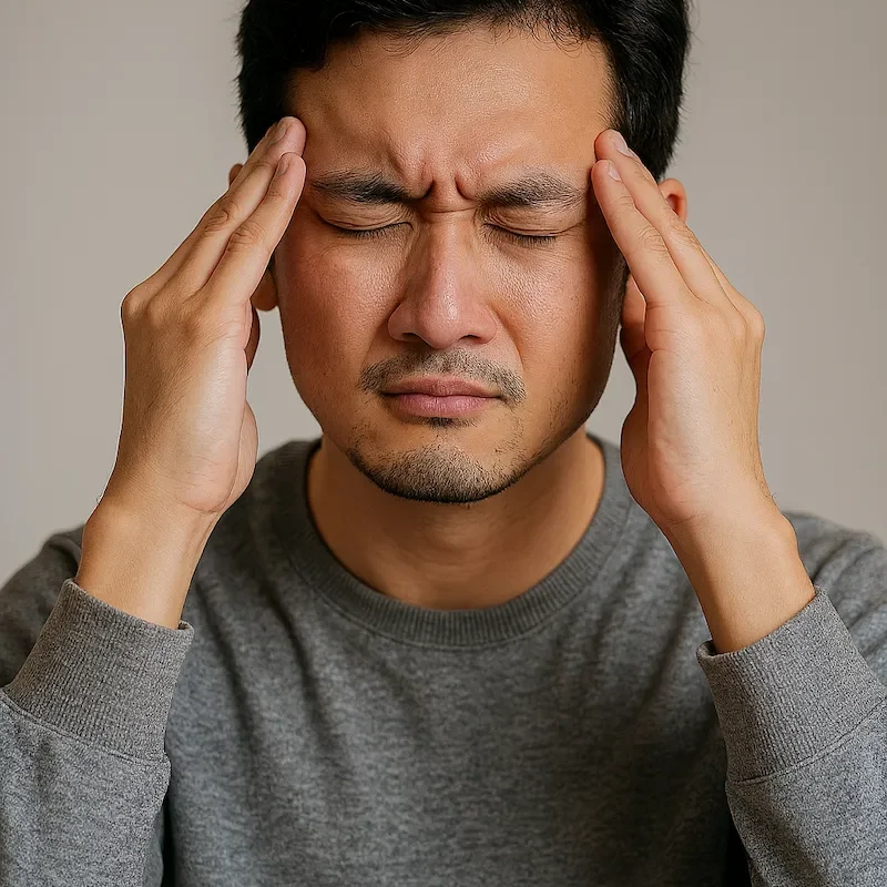 Asian man holding his temples from headache pain
